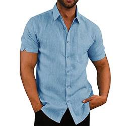 Onsoyours Leinenhemd Herren Kurzarm Einfarbig Sommerhemd Regular Fit Freizeithemd Businesshemd Leinenshirt Sommer Hellblau XL von Onsoyours