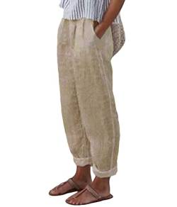 Onsoyours Leinenhose Damen Sommer Lang Leichte Freizeithose Loose Haremshose Bequem Stoffhose mit Tasche Frauen Lässige Bedruckt Sommerhose Atmungsaktiv Strandhose 7/8 Lang A Khaki S von Onsoyours