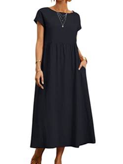 Onsoyours Leinenkleid Damen Rundhalsausschnitt Kurzarm Sommerkleid Damen Maxi Leinenkleider Baumwolle Leinen Blusenkleid Casual Freizeitkleid Strandkleider Kleid A Marine M von Onsoyours