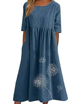 Onsoyours Leinenkleid Damen Rundhalsausschnitt Kurzarm Sommerkleid Damen Midi Leinenkleider Baumwolle Leinen Blusenkleid Casual Freizeitkleid Strandkleider Kleid A-Linie Kleid B Blau XL von Onsoyours