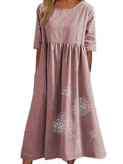 Onsoyours Leinenkleid Damen Rundhalsausschnitt Kurzarm Sommerkleid Damen Midi Leinenkleider Baumwolle Leinen Blusenkleid Casual Freizeitkleid Strandkleider Kleid A-Linie Kleid B Rosa M von Onsoyours