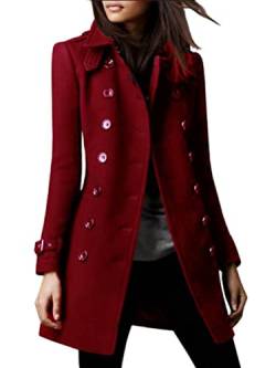 Onsoyours Mantel Damen Trenchcoat Langer Herbst Winter Revers Wollmantel Jacke Lange Warm Parka Overcoat Elegant Oberbekleidung Mode Einfarbig Cardigan Slim Fit Wollmantel Outwear A Weinrot XXL von Onsoyours