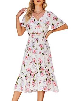 Onsoyours Maxikleider Damen Blumen Kleider Boho Sommerkleid Lang Sommerrock Strandkleid V-Ausschnitt Kleid I Weiß XXL von Onsoyours