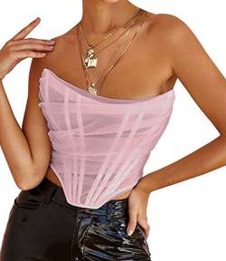 Onsoyours Mesh Corset Crop Tops Bustier Unterbrust Ohne Knochen Rückenfrei Ärmellos Trägerlos Schulterfrei Ästhetischer Bodyshaper für Frauen Y2K A Rosa S von Onsoyours