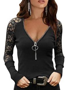 Onsoyours Oberteile Damen Langarm Shirt Tiefes V Tief-Geschnitten Hemd Transparent Mesh Clubwear Bluse Body T-Shirt Tunika Tops G Schwarz XXL von Onsoyours