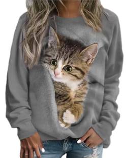 Onsoyours Pullover Damen Sweatshirt Herbst Winter Frauen Drucken Langarm Kapuzenpullover mit Katze Motiv Hemd Locker Casual Oberteil Bedruckte Tops Sweatshirts Bluse Streetwear 01 Grau S von Onsoyours