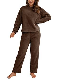 Onsoyours Schlafanzug Damen Lang Pyjama Winter Langarm Hausanzug Zweiteiler Mit Tasche Oberteile Und Hosen Polar Kuschelig A Kaffee M von Onsoyours