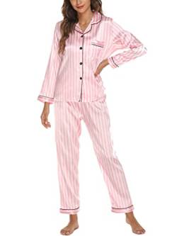 Onsoyours Schlafanzug Damen Lang Zweiteiliger Schlafanzug Satin Nachtwäsche Sexy V Ausschnitt Einfarbig Pyjama Set mit Knopfleiste A Streifen XL von Onsoyours