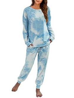 Onsoyours Schlafanzug Damen Pyjama Zweiteilige Nachtwäsche Tie Dye Druck Langarm Oberteil Lang Hose Schlafanzug Loungewear mit Taschen Blau S von Onsoyours