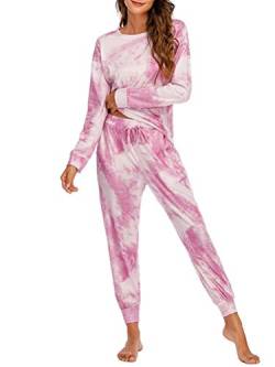 Onsoyours Schlafanzug Damen Pyjama Zweiteilige Nachtwäsche Tie Dye Druck Langarm Oberteil Lang Hose Schlafanzug Loungewear mit Taschen Rosa XL von Onsoyours