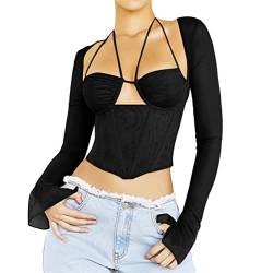 Onsoyours Sexy Top Damen Y2K Korsett Top Langarm T-Shirt Cut Out Cropped Oberteil Slim Solide Crop Tops Bustier Club Streetwear Frauen Pullover A Schwarz XL von Onsoyours