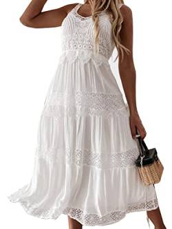 Onsoyours Spitzenkleid Damen Elegant V-Ausschnitt Ärmellos Abendkleider Ballkleid für Hochzeit Cocktailkeider Lang Freizeitkleider Sommerkleid C Weiß XL von Onsoyours