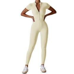 Onsoyours Sport Jumpsuit Lang Damen Eng Yoga Einteiler Overall Kurzarm V-Ausschnitt Playsuits mit Reißverschluss Jogging Strampler Trainingsanzug A Aprikose L von Onsoyours