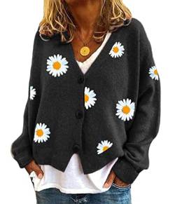 Onsoyours Strickjacke Damen V-Ausschnitt Cardigan Laternenhülle Casual Kurz Grobstrick Blumen Pullover Strickmantel Oversize Pullover Knopfleiste Outerwear A Schwarz 3XL von Onsoyours