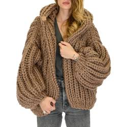 Onsoyours Strickjacke Damen mit Kapuze Langarm Grobstrick-Cardigan Open Front Sweater Herbst Winter Casual Strickcardigan Pullover Offener Strickjacken Wintermäntel A Braun Einheitsgröße von Onsoyours