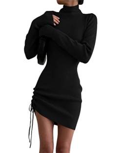 Onsoyours Strickkleid Damen Elegant Sexy Pulloverkleid Tunika Bodycon Kleid Strickpullover Rollkragen Langarm Minikleid mit Kordelzug A Schwarz XS von Onsoyours