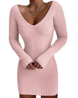 Onsoyours Strickkleider Damen Elegante Sexy Pulloverkleid V-Ausschnitt Langarm Casual Bodycon Strickpullover Tunika Kleider Minikleid A Rosa XS von Onsoyours