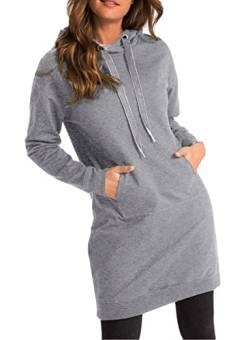 Onsoyours Sweatkleid mit Kapuze Damen Kapuzenpullover Pullover Hoodie Lange Tops Langarm Sweatshirt Casual Täglich Herbst Pulli Kleider Sweatjacke Jumper Grau XL von Onsoyours