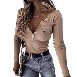 Onsoyours T-Shirt Damen V-Ausschnitt Knopfleiste Bluse Solide Tunika Langarm Tops B Khaki 3XL von Onsoyours