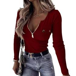 Onsoyours T-Shirt Damen V-Ausschnitt Knopfleiste Bluse Solide Tunika Langarm Tops B Weinrot XL von Onsoyours