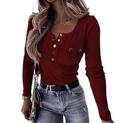 Onsoyours T-Shirt Damen V-Ausschnitt Knopfleiste Bluse Solide Tunika Langarm Tops C Rot XL von Onsoyours