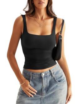 Onsoyours Tank Top Damen Y2K Backless Top Sommer Eckigem Ausschnitt Doppelt gefüttert Crop Top Sexy Oberteile Leicht Fitness Sport Tops A Schwarz M von Onsoyours