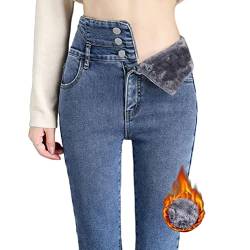 Onsoyours Thermo Jeans Damen Fleece Gefütterte Thermojeans Skinny Jeans High Waist Leggings Denim Hose Winter Warm Dicke Strumpfhosen Pants Streetwear A Blau M von Onsoyours