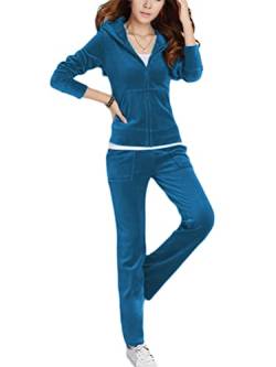 Onsoyours Trainingsanzug Damen Hausanzug Set Jogginganzug Velours Samt Sportanzug Freizeitanzug 2 Teilig Kapuzenjacke Langarm Zipper Lange Sporthose für Frühling Blau XL von Onsoyours