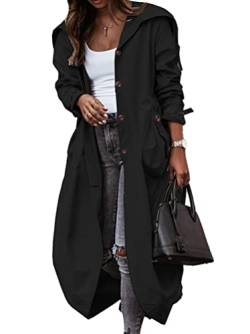 Onsoyours Trenchcoat Damen Elegant Einfarbig Winddichter Jacke Langarm Revers Mantel mit Kapuze Locker Lässig Übergangsjacke Langer Klassische Jacke Übergangsmantel Herbst Frühling A Schwarz L von Onsoyours