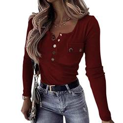 Onsoyours Tunika Damen Oberteile T-Shirt Langarm V-Ausschnitt Henley Hemden Knopfleiste Shirt Elegante Einfarbig Langarmshirts Blusen Tops C Rot XS von Onsoyours