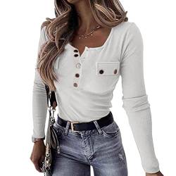 Onsoyours Tunika Damen Oberteile T-Shirt Langarm V-Ausschnitt Henley Hemden Knopfleiste Shirt Elegante Einfarbig Langarmshirts Blusen Tops C Weiß XS von Onsoyours