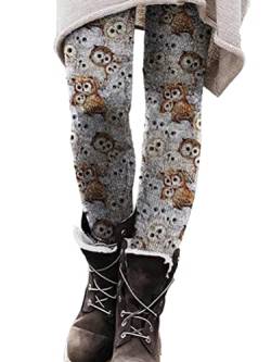 Onsoyours Winter Leggings Stretch Damen Gefüttert Hosen Sporthose High Waist Drucken Freizeithose Verdicken Warme Winterhose Dicken Skinny Jogginghose Laufhosen D Eule 3XL von Onsoyours