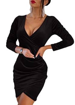 Onsoyours Winterkleid Damen Samtkleid Langarm Elegant Abendkleid Kurz Weihnachtskleid Quadratischer Kragen Sexy Seitensplit Partykleid Minikleid Cocktailkleid B Schwarz 3XL von Onsoyours