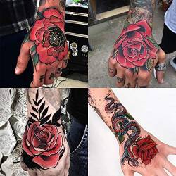 Oottati 4 Blätter Temporäre Tattoos Fake Tätowierung Arm, Wasserfest Handrücken Bunte Rote Rose Schlangenblume von Oottati