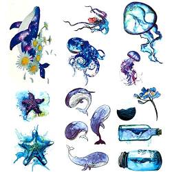 Oottati 6 Blätter Temporäre Tattoos Fake Tätowierung, Wasserfest Hand Klein Süß Dream Blue Sea Marine Octopus Qualle Seestern Whale Drift Flasche von Oottati
