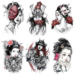 Oottati 6 Blätter Temporäre Tattoos Fake Tätowierung Arm, Wasserfest Groß Japanische Geisha Samurai Frauen Tiger Prajna Dunkelrotes Blut von Oottati