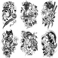 Oottati 6 Blätter Temporäre Tattoos Fake Tätowierung Arm, Wasserfest Groß Schwarze Japanische Geisha Samurai Frauen Blume Lotus von Oottati