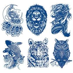 Oottati 6 Blätter Temporäre Tattoos Fake Tätowierung Arm, Wasserfest Groß Tierset Pfau Löwe Koi Karpfen Tiger Eule Drache Deep Blue von Oottati