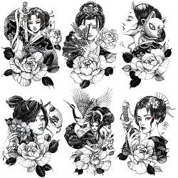 Oottati 6 Sheets Waterproof Arm Temporary Tattoo Stickers Black Japanese Geisha Women Lady Samurai Fan Sword Crane Flower Fox Keaton Mask von Oottati
