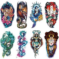 Oottati 8 Blätter Temporäre Tattoos Fake Tätowierung Arm, Wasserfest Groß Color Unicorn Dragon Mermaid Neunschwänziger Fuchs Phoenix Schlangenbär Damen von Oottati