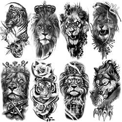 Oottati 8 Blätter Wasserfest Temporäre Tattoos Fake Tätowierung Arm Bein Löwe Tiger Krone König Blume Wolf von Oottati