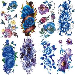 Oottati 8 Blätter Wasserfest Temporäre Tattoos Fake Tätowierung Arm Blaue Lila Rose Lotus Blume Schmetterling von Oottati