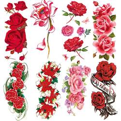 Oottati 8 Blätter Wasserfest Temporäre Tattoos Fake Tätowierung Arm Blume Rote Rose Lotus von Oottati