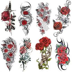 Oottati 8 Sheets Waterproof Arm Temporary Tattoo Stickers Red Rose Flower Black Skull Dragon Sword Totem von Oottati