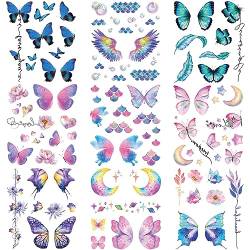 Oottati 9 Sheets Temporary Tattoo Stickers Princess Flash Glitter Green Blue Pink Purple Moon Butterfly Feather Wing for Women Girls Face Eye Makeup von Oottati