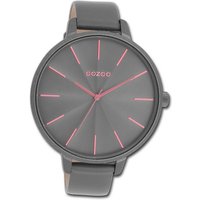 OOZOO Quarzuhr Oozoo Damen Armbanduhr Timepieces, Damenuhr Lederarmband grau, rundes Gehäuse, extra groß (ca. 48mm) von Oozoo