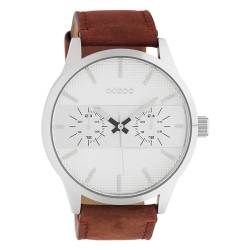 Oozoo Herrenuhr Chrono Look mit Lederband 48 MM Silberfarben/Cognac C10535 von Oozoo