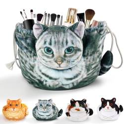 Kosmetiktasche mit Kordelzug, Katzen-Kosmetiktasche,Geschenk für Katzenliebhaber, flachliegende Kosmetiktasche für Damen und Mädchen, Reise-Kosmetiktasche (Graue-001) von Openhahaha