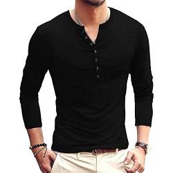 Herren Casual Henley Shirt Langarm Slim Fit Einfarbig Oberteile Basic Rundhals Grandad T-Shirt Knöpfe Tee Tops, Schwarz, L von Ophestin