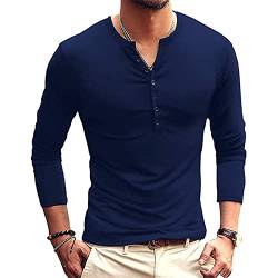 Herren Casual Henley Shirt Langarm Slim Fit Einfarbig Oberteile Basic Rundhals Grandad T-Shirt Knöpfe Tee Tops, blau, S von Ophestin